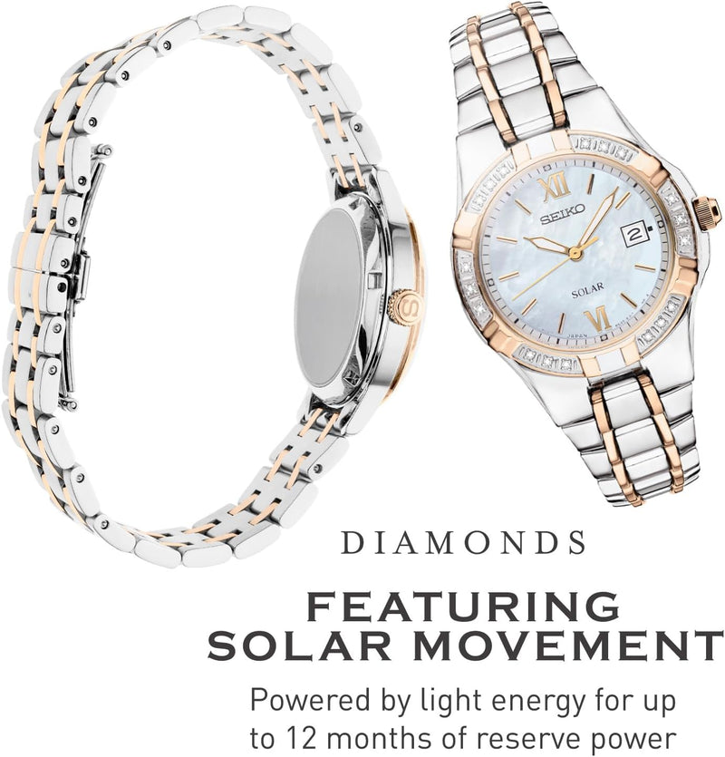 Watch for Women - Diamond Collection - with 18 Diamond Accents, Solar Power, Mother-Of-Pearl Dial, Two-Tone Rose Gold Stainless Steel Case & Bracelet, and Water-Resistant to 50M