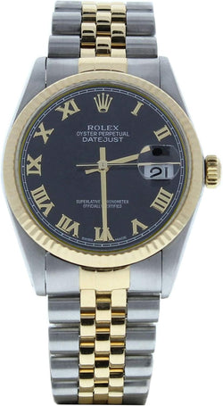 Mens Datejust 16013 36Mm Steel & Gold Datejust Black Roman Dial & 18K Yellow Gold Fluted Bezel (Certified Preowned)