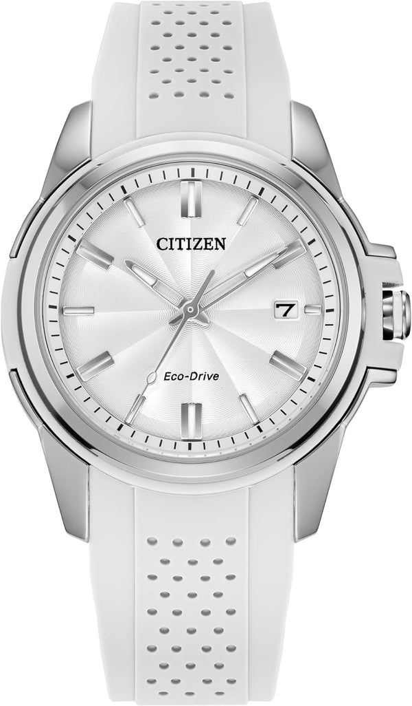 Ladies' Eco-Drive Classic Silver Stainless Steel 3 Hand Watch with White Rubber Strap,White Dial (Model:Fe6131-04A)