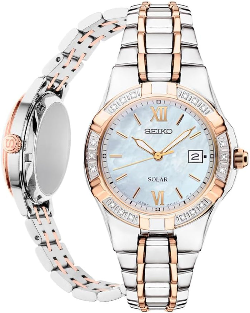 Watch for Women - Diamond Collection - with 18 Diamond Accents, Solar Power, Mother-Of-Pearl Dial, Two-Tone Rose Gold Stainless Steel Case & Bracelet, and Water-Resistant to 50M