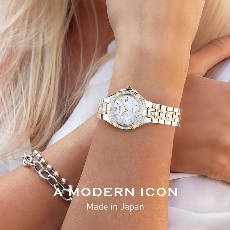 Watch for Women - Diamond Collection - with 18 Diamond Accents, Solar Power, Mother-Of-Pearl Dial, Two-Tone Rose Gold Stainless Steel Case & Bracelet, and Water-Resistant to 50M