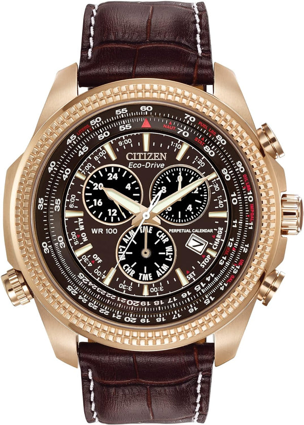 Men'S Eco-Drive Weekender Brycen Chronograph Watch in Gold-Tone Stainless Steel, Brown Leather Strap (Model: BL5403-03X)