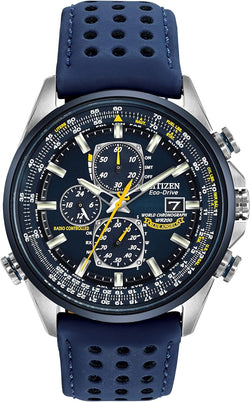 Men'S Eco-Drive Sport Luxury World Chronograph Atomic Time Keeping Watch in Stainless Steel with Blue Polyurethane Strap, Blue Dial (Model: AT8020-03L)