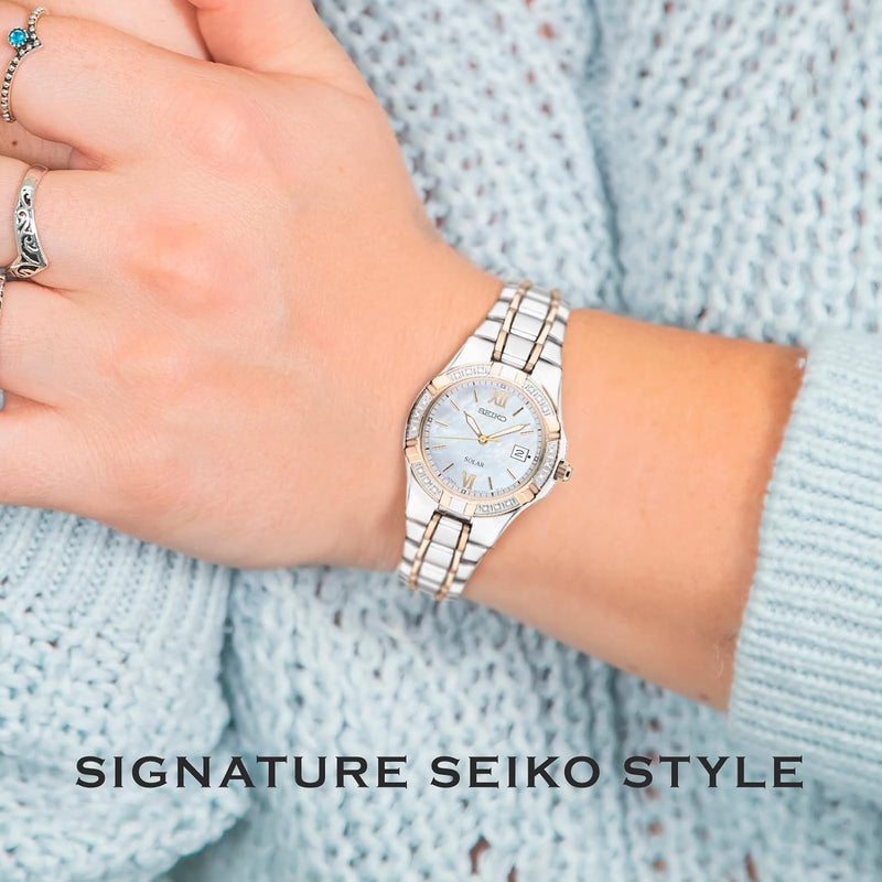 Watch for Women - Diamond Collection - with 18 Diamond Accents, Solar Power, Mother-Of-Pearl Dial, Two-Tone Rose Gold Stainless Steel Case & Bracelet, and Water-Resistant to 50M