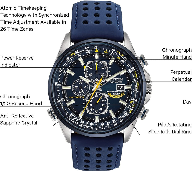 Men'S Eco-Drive Sport Luxury World Chronograph Atomic Time Keeping Watch in Stainless Steel with Blue Polyurethane Strap, Blue Dial (Model: AT8020-03L)