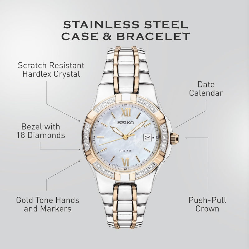 Watch for Women - Diamond Collection - with 18 Diamond Accents, Solar Power, Mother-Of-Pearl Dial, Two-Tone Rose Gold Stainless Steel Case & Bracelet, and Water-Resistant to 50M