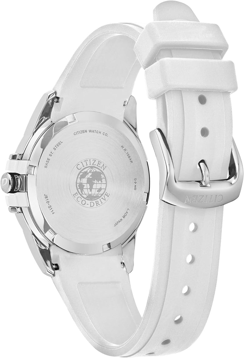 Ladies' Eco-Drive Classic Silver Stainless Steel 3 Hand Watch with White Rubber Strap,White Dial (Model:Fe6131-04A)