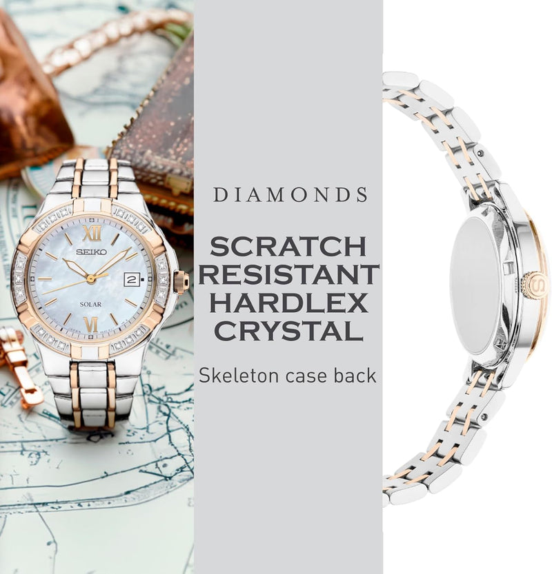 Watch for Women - Diamond Collection - with 18 Diamond Accents, Solar Power, Mother-Of-Pearl Dial, Two-Tone Rose Gold Stainless Steel Case & Bracelet, and Water-Resistant to 50M