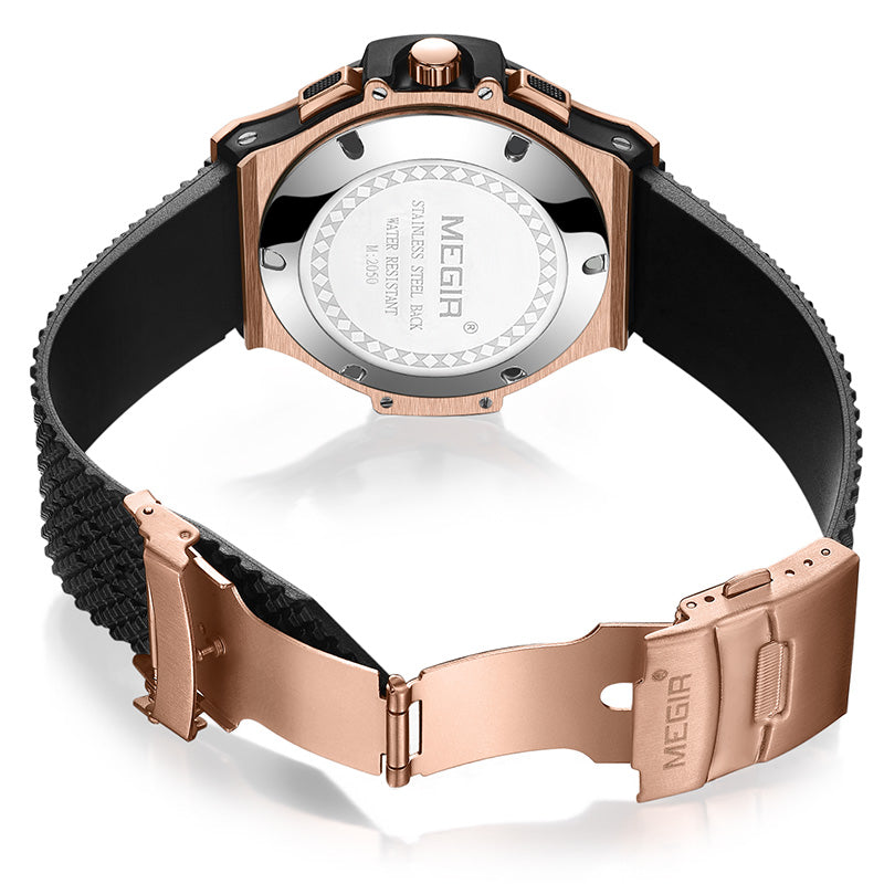 MEGIR Quartz Gold Rubber Band 3ATM Water Resistant Chronograph Mens Quartz Wrist Watch