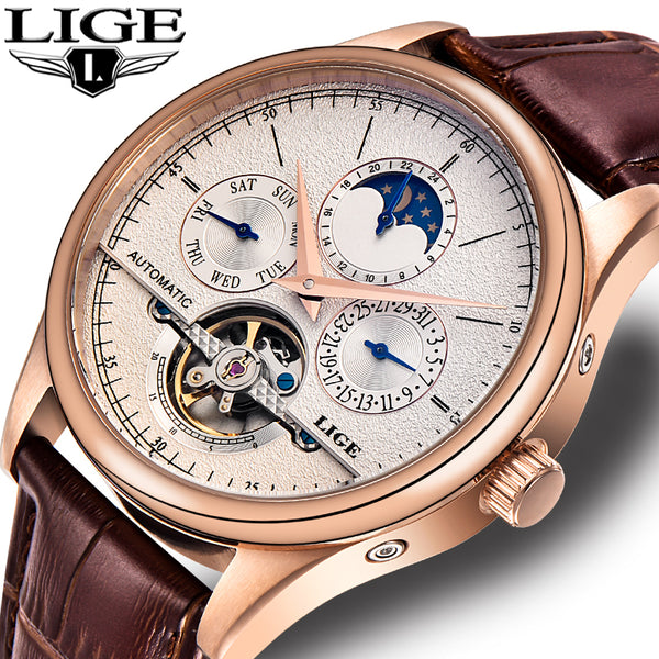 LIGE Mechanical Tourbillon Luxury Mens Automatic Sport Watch