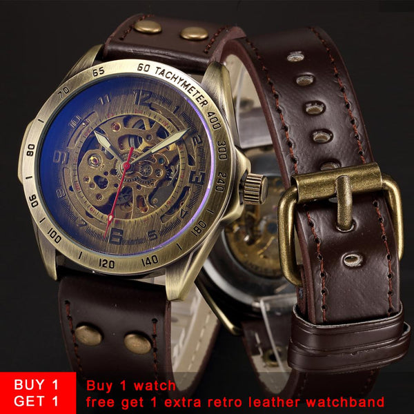 Skeleton Mechanical Watch Automatic Watch Men Steampunk Bronze Transparent Mens Automatic Mechanical Wrist Watches Clock for Man