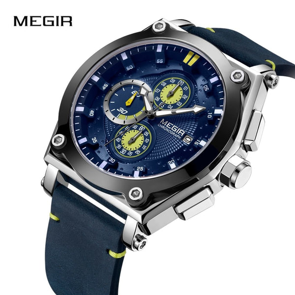 MEGIR Multi-function Sport Watch Men Luxury Chronograph Calendar Waterproof Watch High Quality Leather