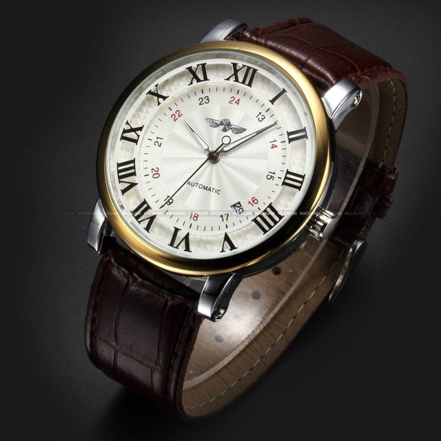 Rome WINNER Gold Sport Wristwatches Self wind Automatic Mechanical Calendar Leather Watch