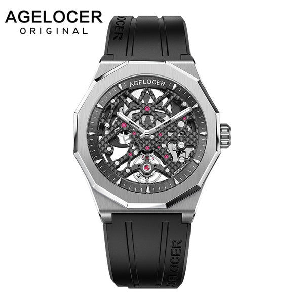 AGELOCER Swiss Luxury Watches Sport Men's Skeleton Mechanical Automatic Watch 80 Hours Power Reserve Wrist Watch Rubber Strap
