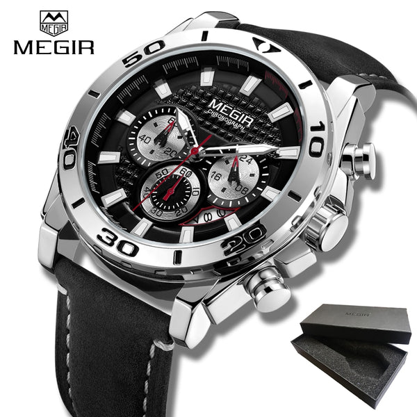 MEGIR 2019 Men Fashion Quartz Watches Men's Army Leather Sports Wrist Watch Military Date Male Clock Relogio Masculino Gift box