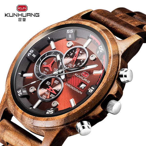Wooden Men Watches Casual Stylish Wooden Timepieces Chronograph Quartz Watches Sport Outdoor Military Watch Gift for Man