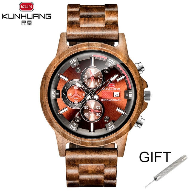 Wooden Men Watches Casual Stylish Wooden Timepieces Chronograph Quartz Watches Sport Outdoor Military Watch Gift for Man